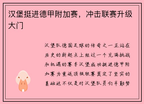 汉堡挺进德甲附加赛，冲击联赛升级大门